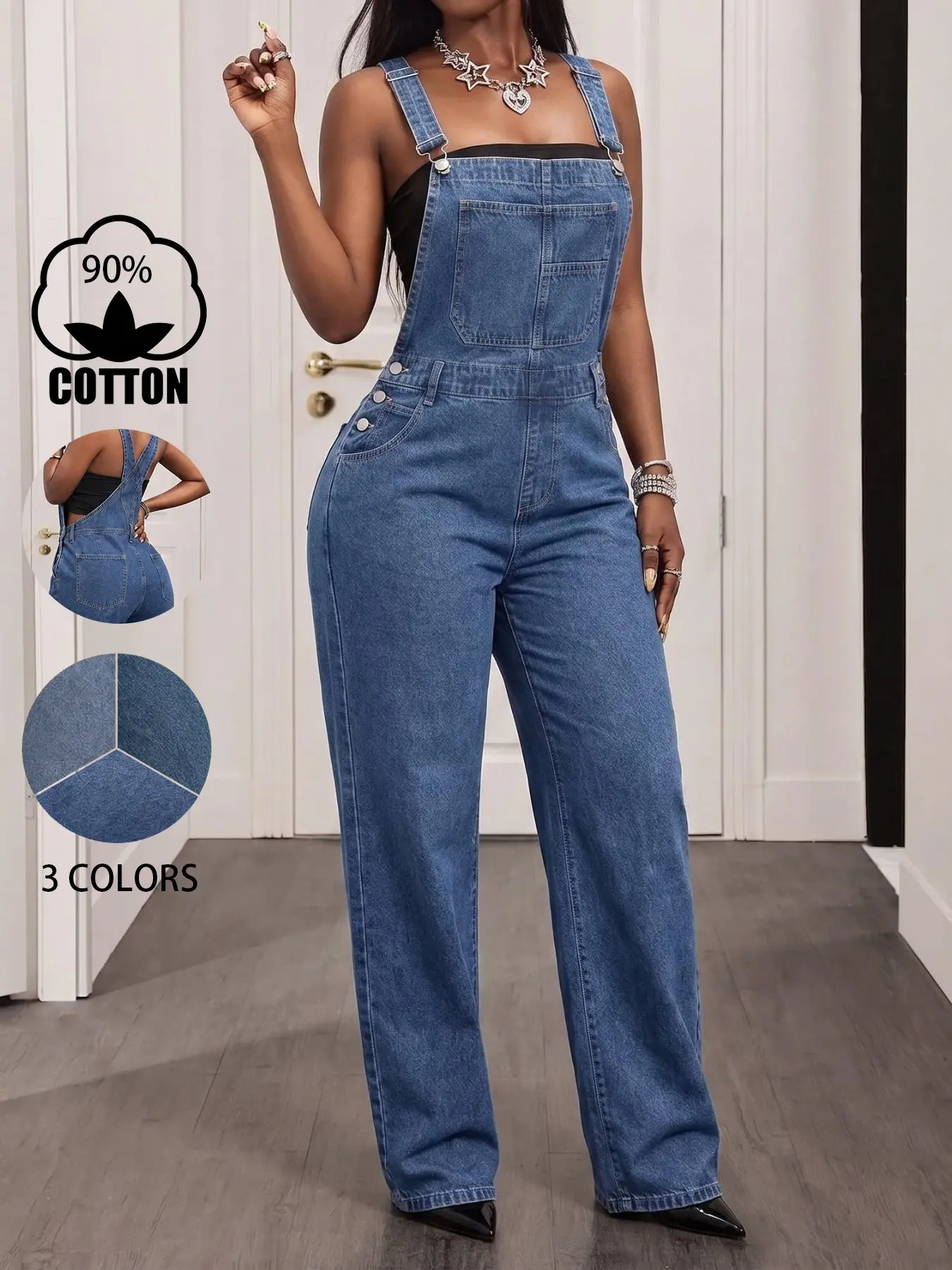 Women's Denim Jumpsuit Overalls, Slim-Fitting Straight Leg, Casual Street Style, Plain Design, Long Pants, All Seasons, Daily Wear