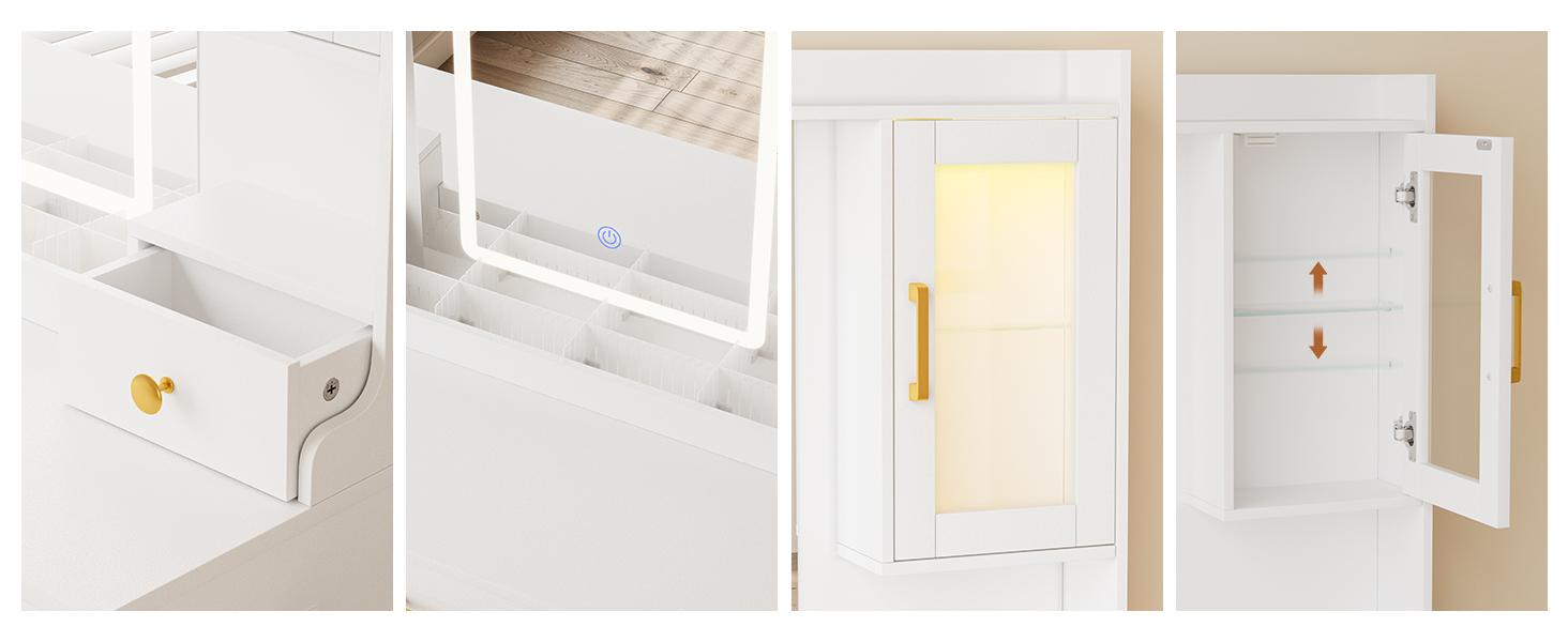 Makeup Vanity Mirror with Light, Large Women Vanity Desk with Touch Screen Mirror Lights & Power Outlet, 4 Cabinet, 2 Shelves & 5 Drawers for Bedroom,[Gift Idea]