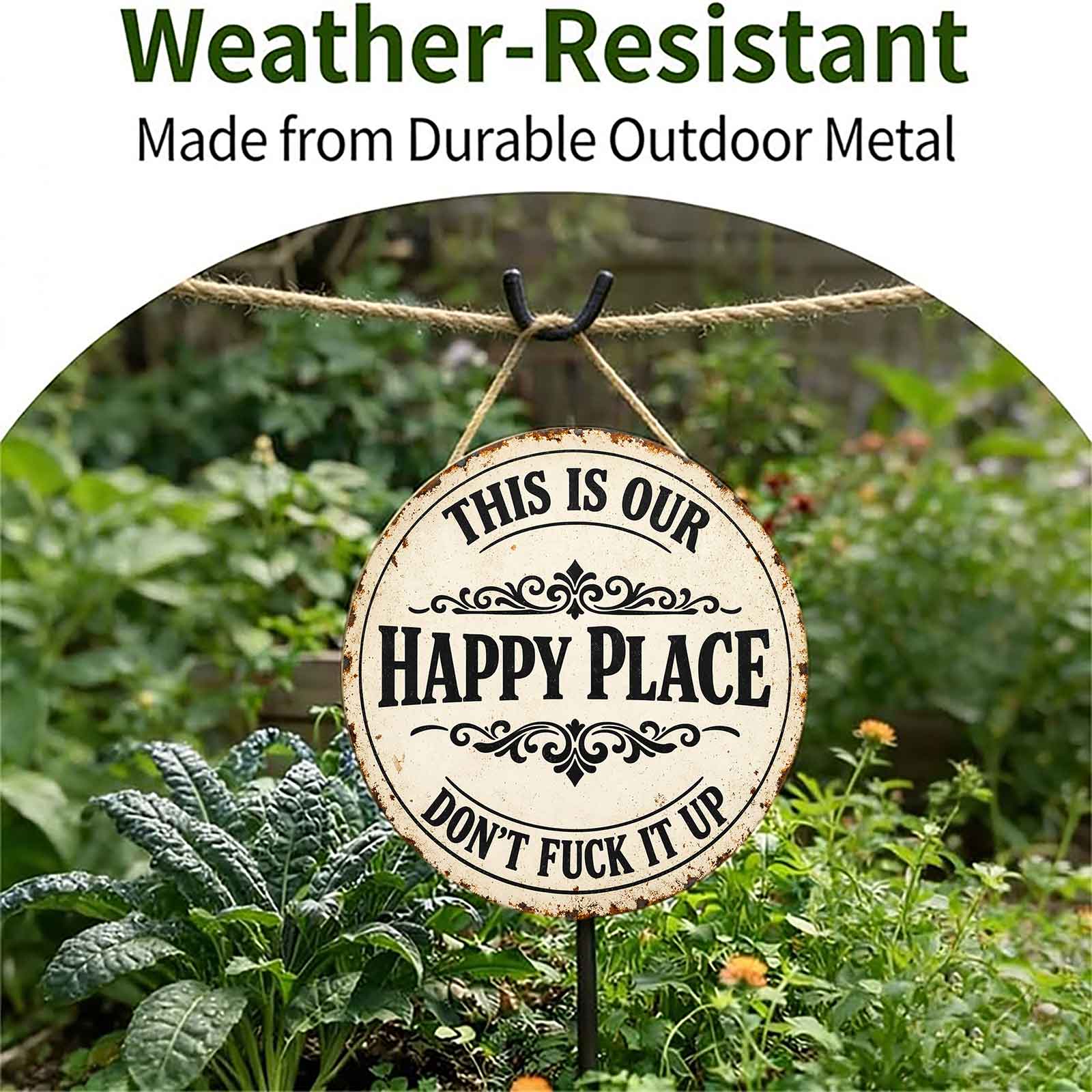 This Is Our Happy Place Don't Fuck It Up Round 8x8 Inch Aluminum Metal Sign - Vintage Rustic Wall Decor for Home, Family Room, Living Room, She Shed - Sarcastic Attitude Tin Sign