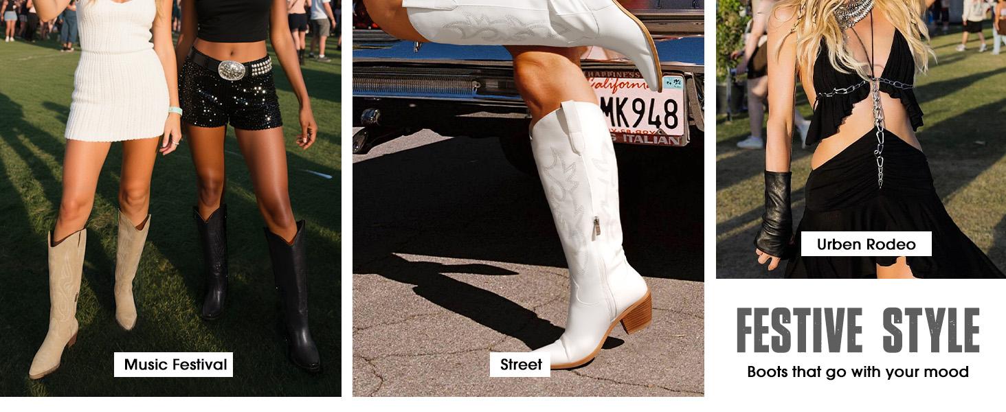 【Valentine's Day Gift】Women's Western Cowboy Boots - Knee-High Cowgirl Boots with Classic Embroidery, Slip-On Pointed Toe, Chunky Heel Brown Boots Footwear Walking Shoes Fallfashion