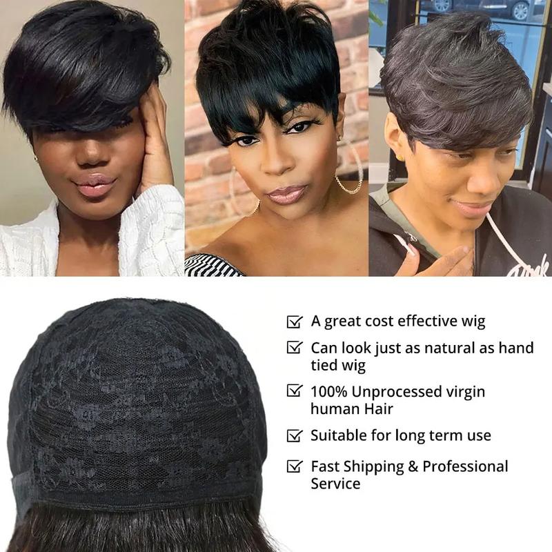 Cikana Hair Pixie Cut Wigs for Black Women Human Hair Short Bob Wig Human Hair Wigs with Bangs Layered Style Bob Wigs for Black Women Machine