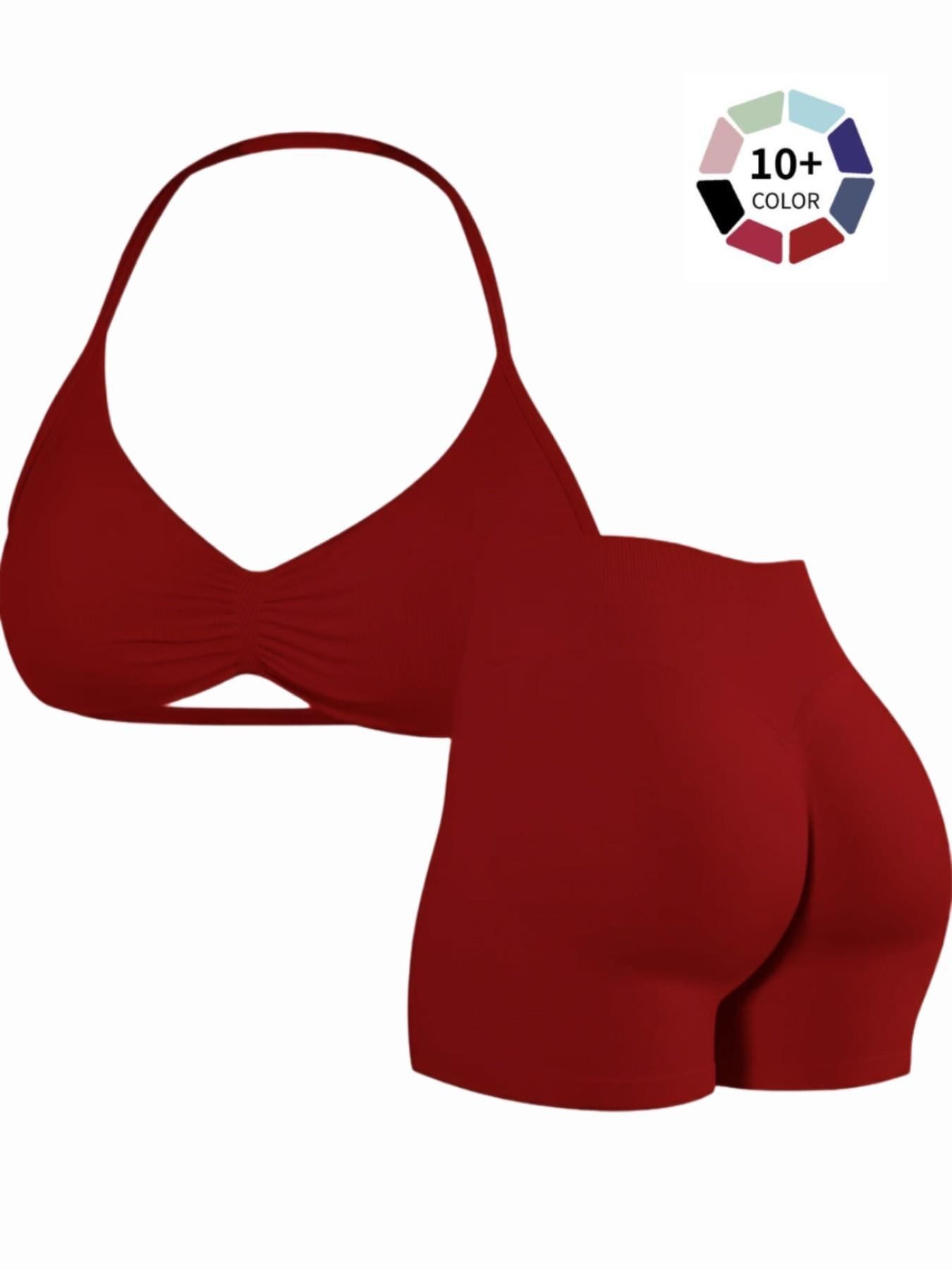 Women's Two-Piece Set, Solid Color Halter Top & High Waist Shorts, Sporty Breathable Quick-Dry for Yoga Gym Workout Running