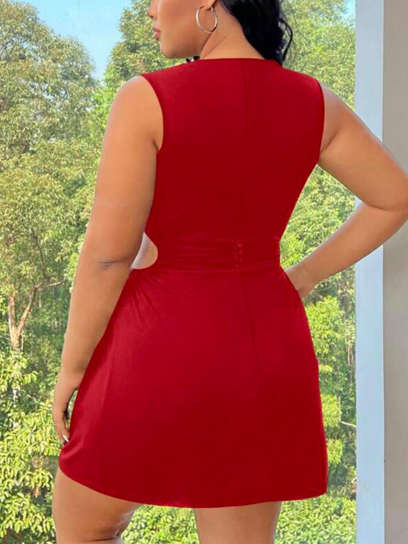 【Plus-Size】1 Piece Black Sleeveless Cutout Mini Dress, Minimalist Casual Style, Stretchy Slim-Fit Fabric & Waist Cutout Detail, For Curvy Women, Perfect for Date Night, Brunch & Daily Outings, Women's Plus-Size Cutout Dresses | TikTok Viral Fashion