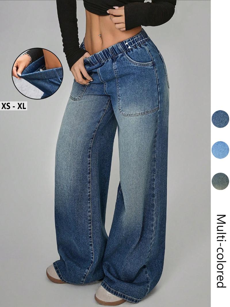 Women's High Waisted Casual Pants, Loose Wide Leg Jeans with Pockets, Elastic Waist, Button Front, All Seasons, Daily Wear