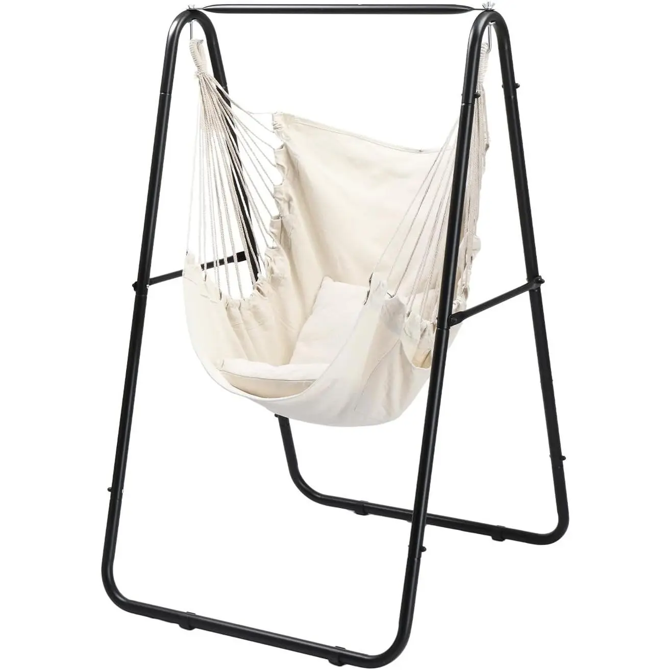 600LBS Heavy-Duty Hammock Chair with Stand, Steel Hanging Chair Stand with Hook & Pillows, Durable Swing Stand for Indoor Outdoor, Weather Resistant Support Base, Black (Hammock w/Stand)