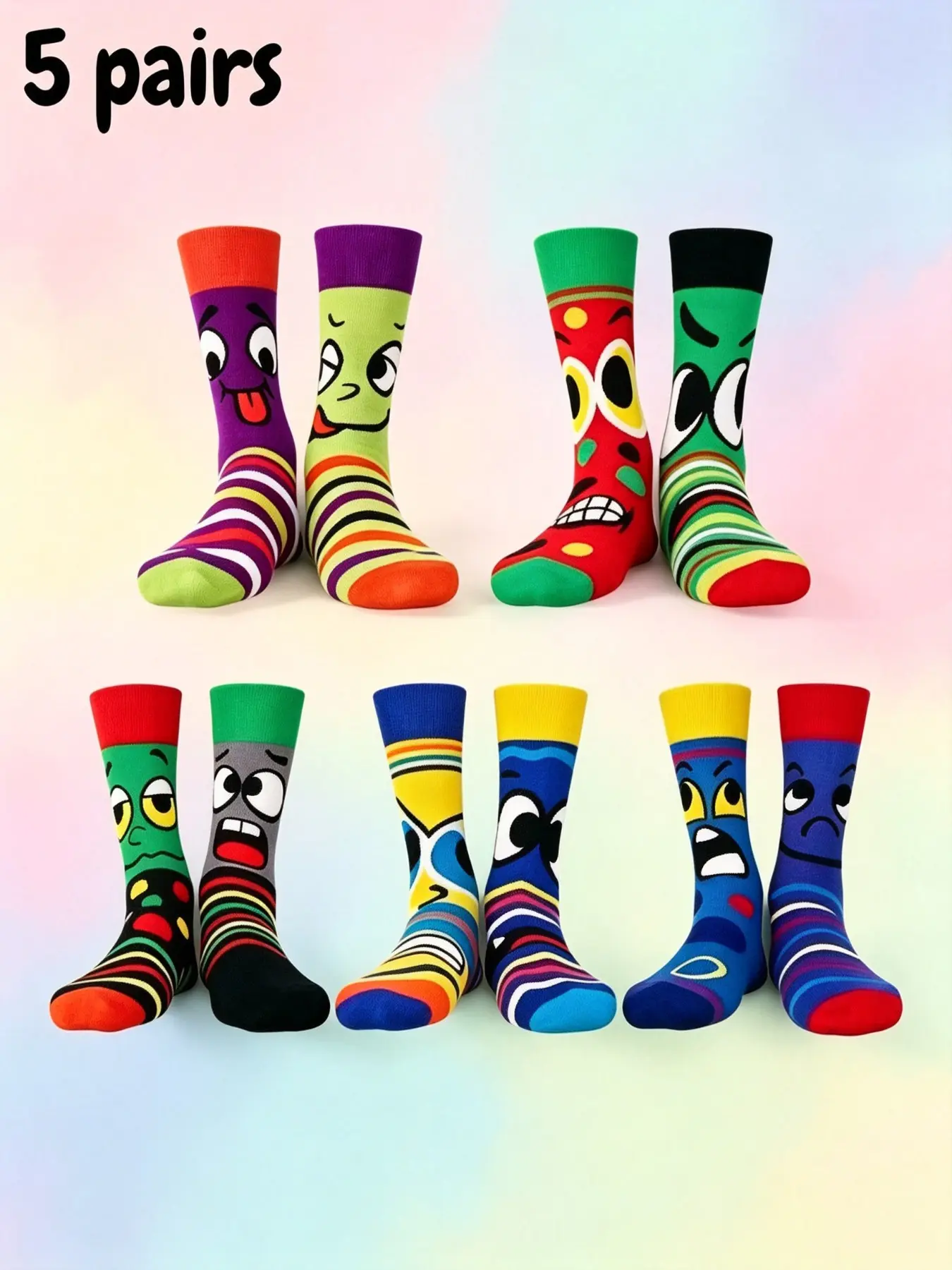5 Pairs Men's Funny Cartoon Expression Striped Crew Socks, Breathable and Versatile, Perfect for Daily and Party Wear, Ideal Gift for Friends and Family