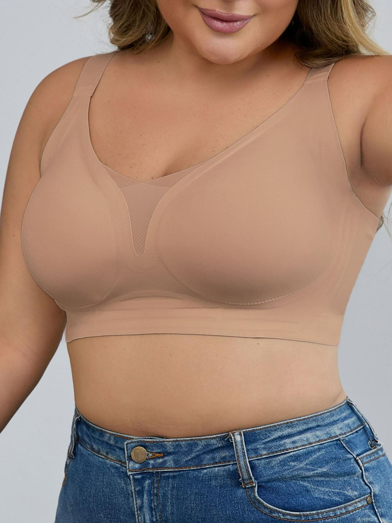 Women's Plus Size Seamless Wireless Bra - Gather & Lift Support, Breathable Mesh, High Side Wings for Side Fat Control, No Underwire Comfort