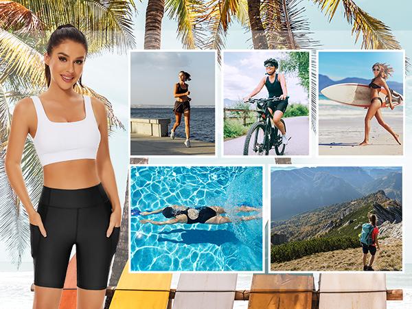 Holipick Women Tummy Control Swim Shorts High Waisted Biker Shorts with Pockets Swimming Shorts Boy Short Swim Bottoms