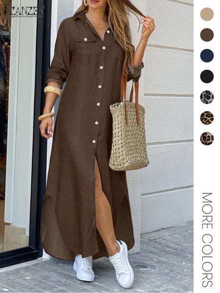Women's Leopard Print Button Front Flap Pocket Shirt Dress, Casual Curved Hem Long Sleeve Collared Long Dress for Daily Wear, Ladies Clothes for All Seasons