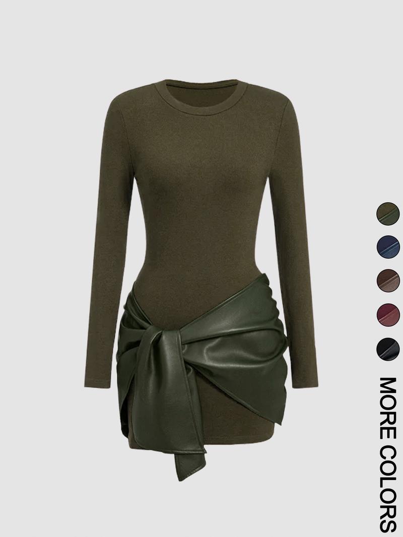 Women's Patchwork Knot Side Dress, Casual Fashion Long Sleeve Dress for Daily Wear, Ladies Clothes for All Seasons, Womenswear