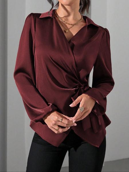 Women's Solid Color Satin Long Sleeve Shirt Blouse with Side Tie and Bubble Sleeves, Stylish and Versatile Top for All Occasions