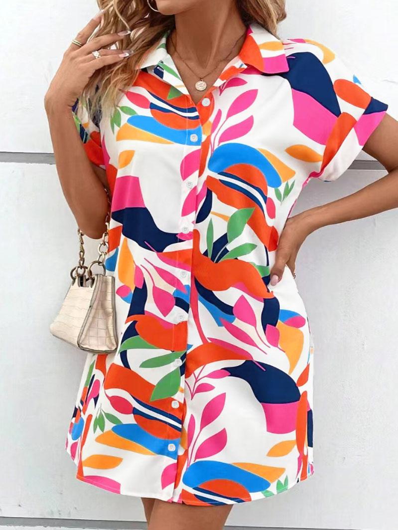 Plus Size Lapel Short Sleeve Shirt Dress, Botanical Print, Loose Curvy Friendly Mini Dress