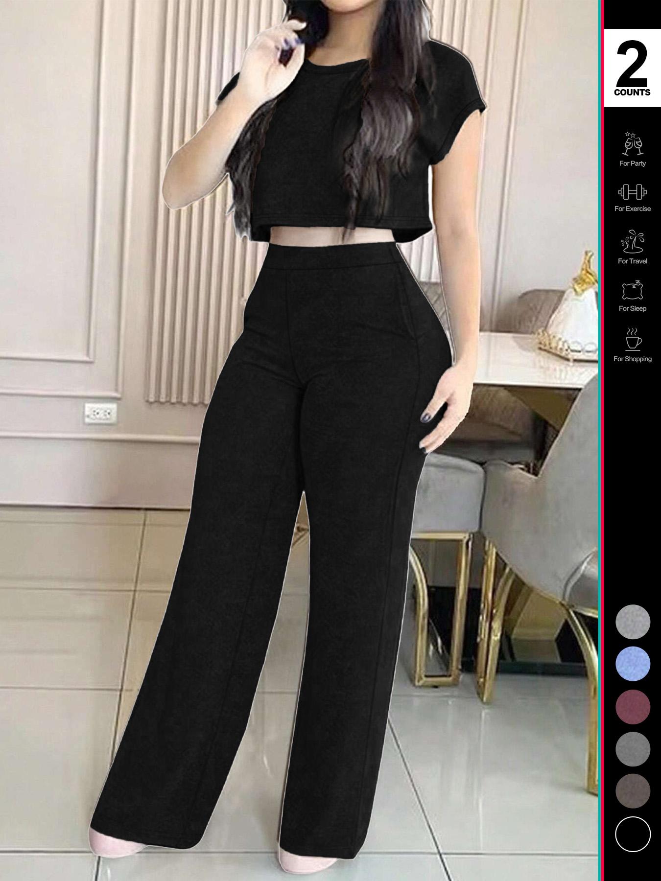 Women's Casual Elegant Solid Color Set, 2-Piece Daily Wear Clothes with Pockets, Comfortable & Stylish Design