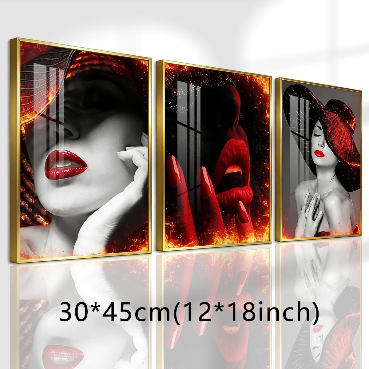 3 Counts Aluminum Alloy Framed Painting, Abstract Red Lips And Black Hat Lady Pictures, Home Decoration For Living Room, Bedroom, Office, Restaurant, Hallway Wall Decor, Odorless Print Artwork, Luxury Perfect Gift For Friends And Family