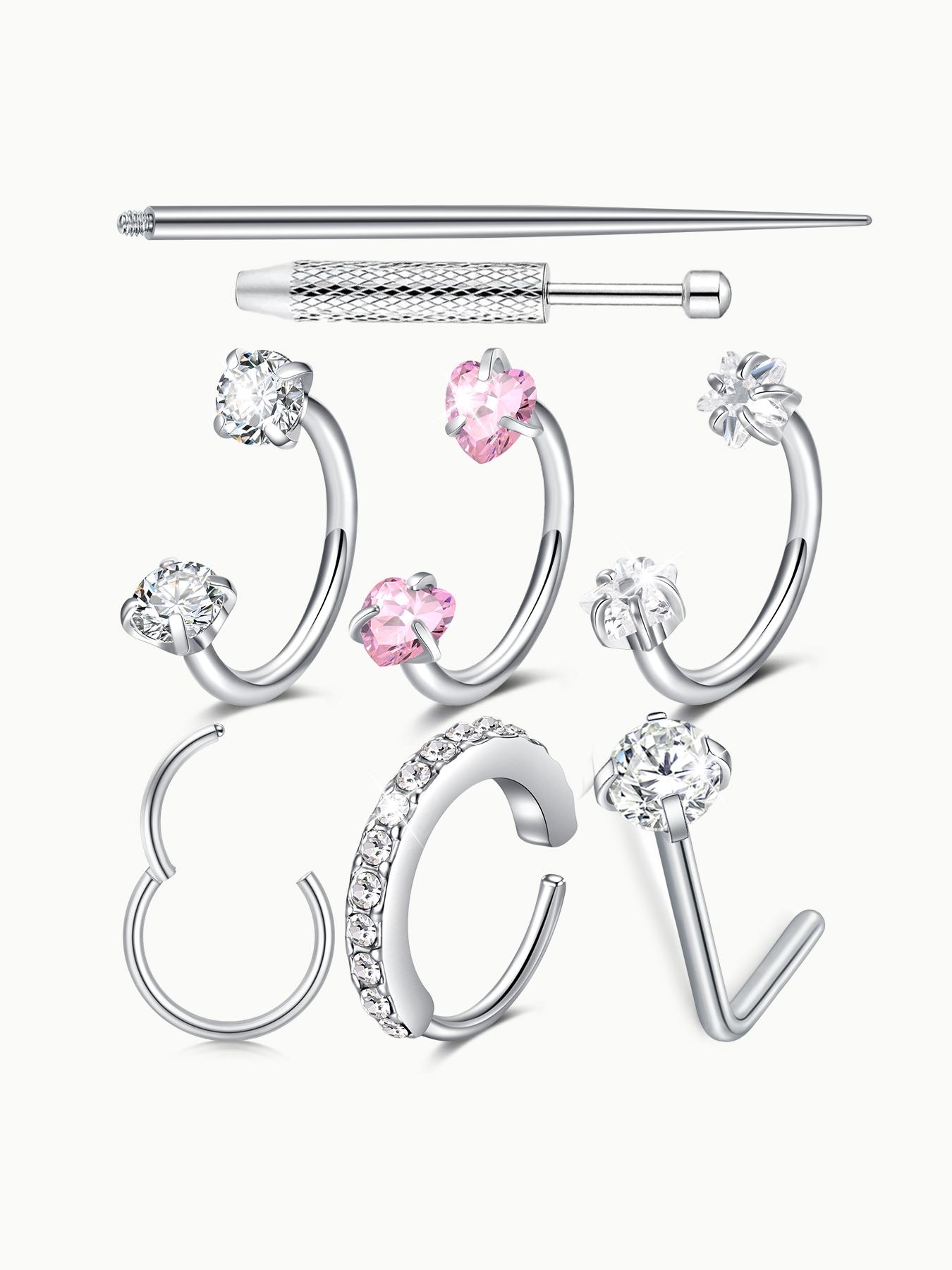 Stainless Steel Cz Nose Ring, Nose Cuff, Horseshoe Shape Nose Ring, 18 Gauge 8mm Hoop, Heart Design Perfect for Nose, Cartilage, Tragus, Helix and Lip Piercings, Nose Piercing Jewelry, Nose Rings Hoops
