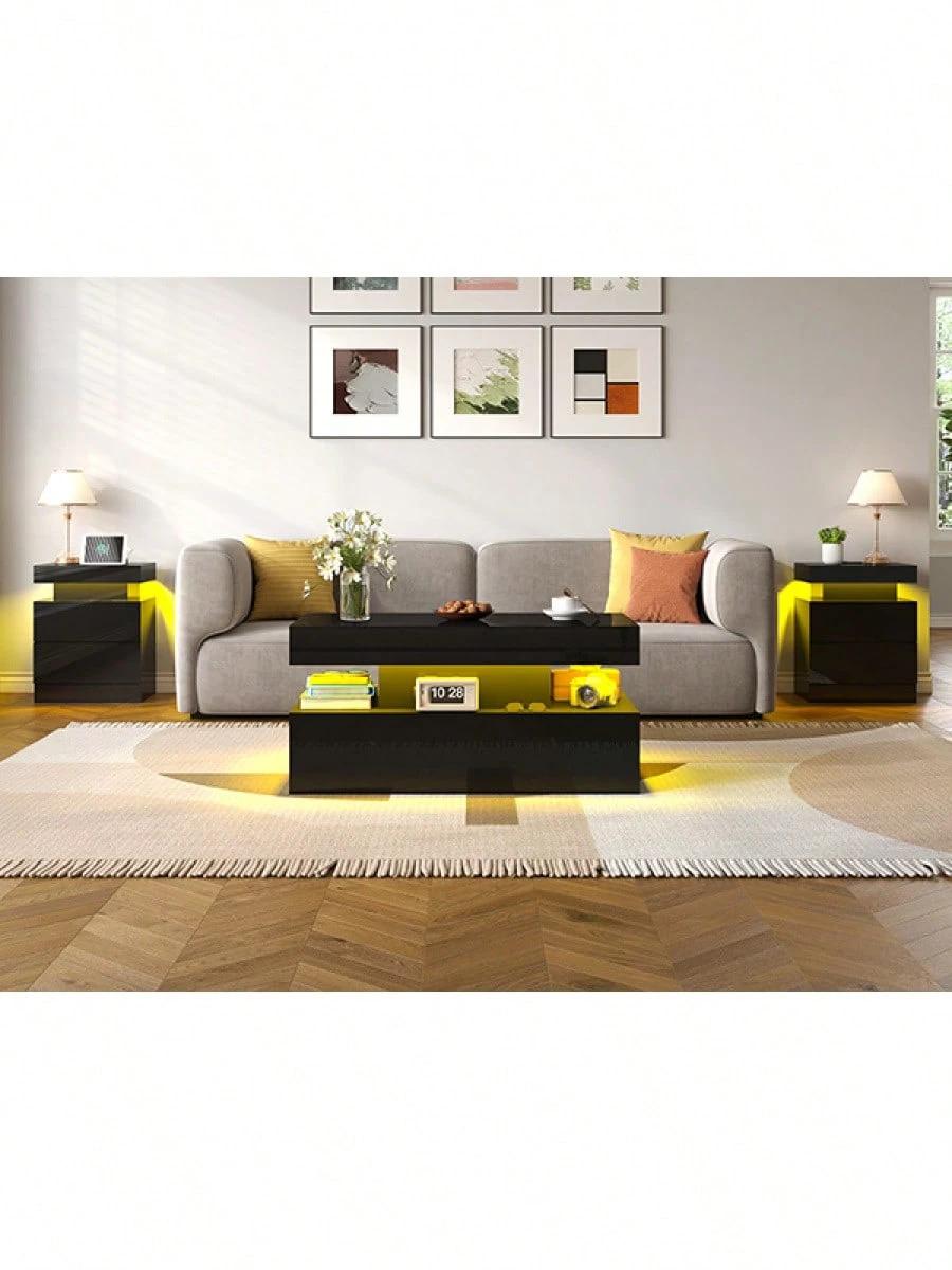 Living Room Coffee Table With LED Light, Modern High Gloss Center Table With Storage