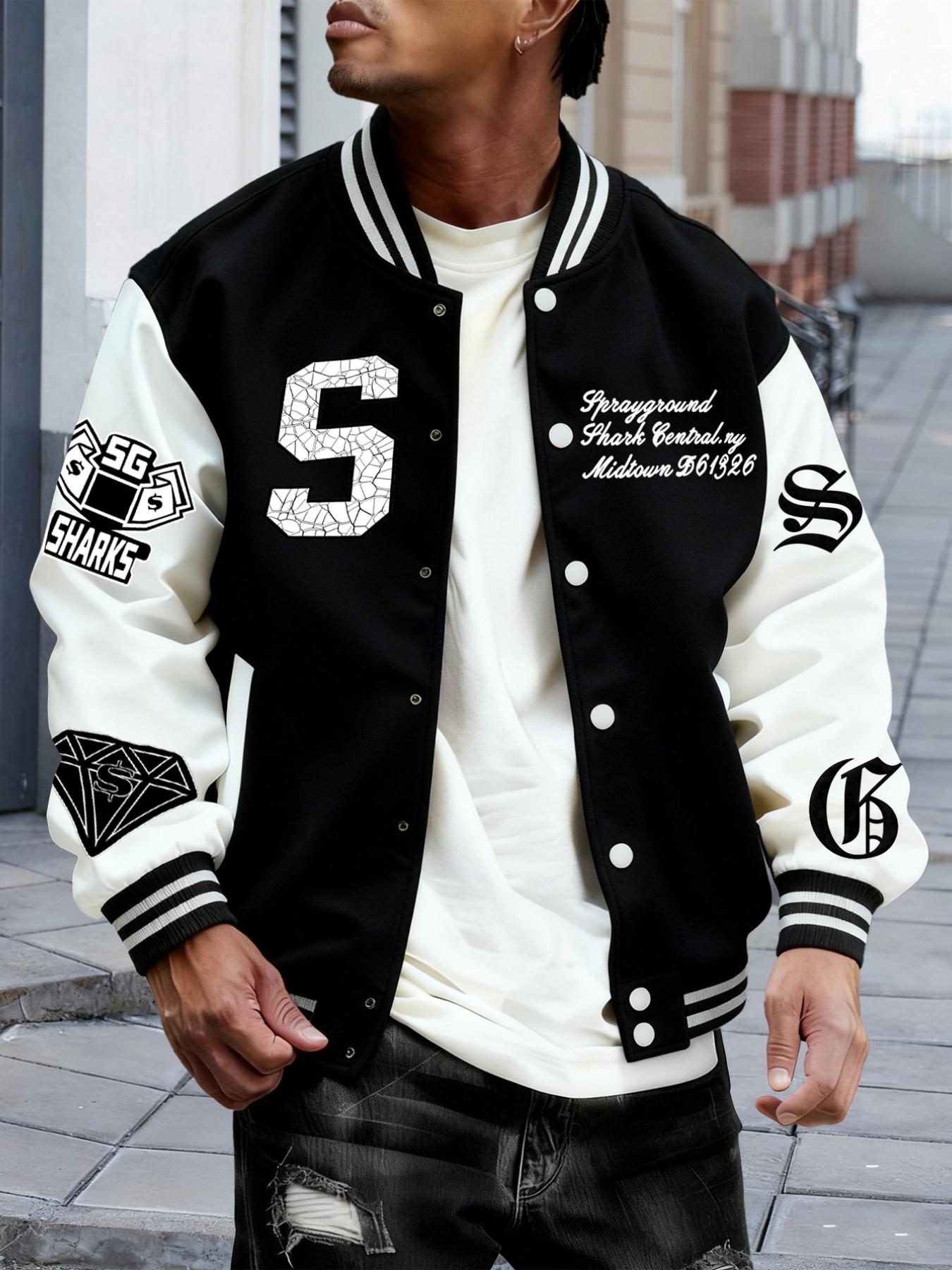 Men's Trendy Baseball Jacket, Geometric Pattern, Colorblock Sleeves, Button Closure, Stretch Fabric, All Season Outerwear, Casual Style