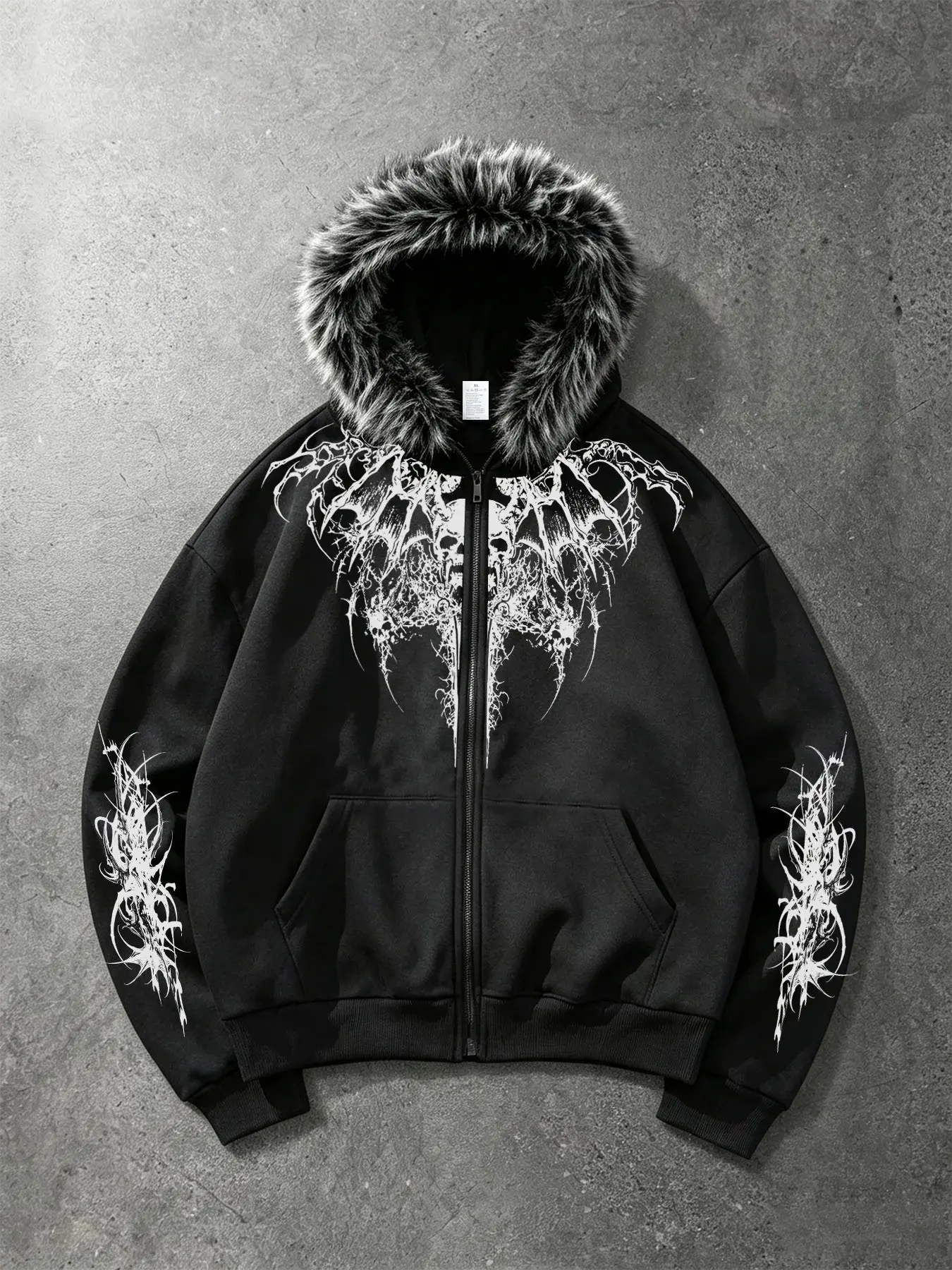 Men’s Gothic Skull Graphic Fleece Jacket, Faux Fur Hood Zip Up Streetwear Coat, Y2K Punk Winter Outerwear, Long Sleeve Loose-Fit