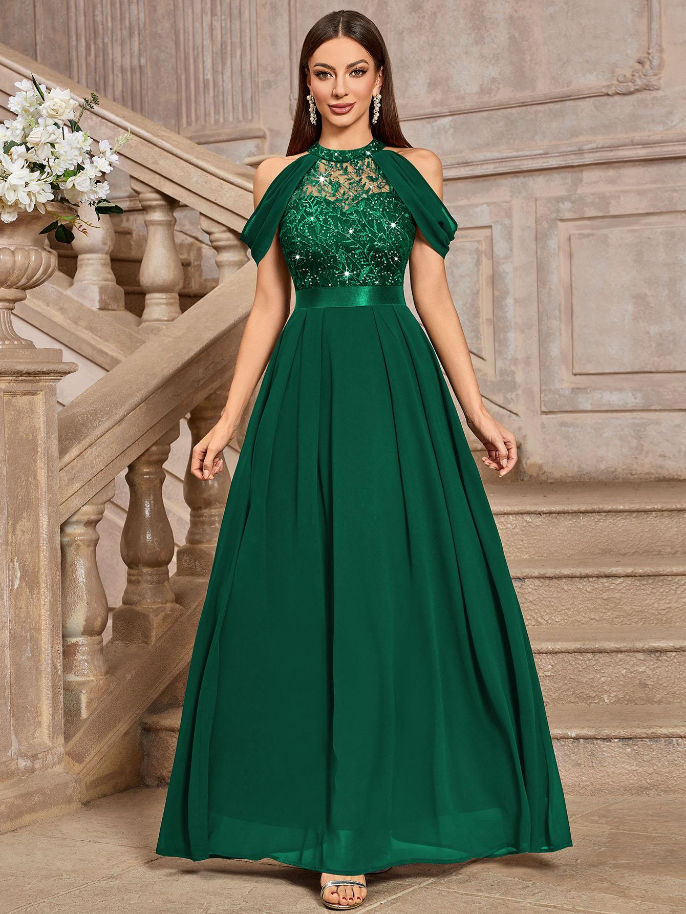 MIUSOL 24413A Women's Elegant Halter Sequin Embroidered Lace Off Shoulder Chiffon Sleeve Formal Evening Party Maxi Dress for Cocktail and Prom Events