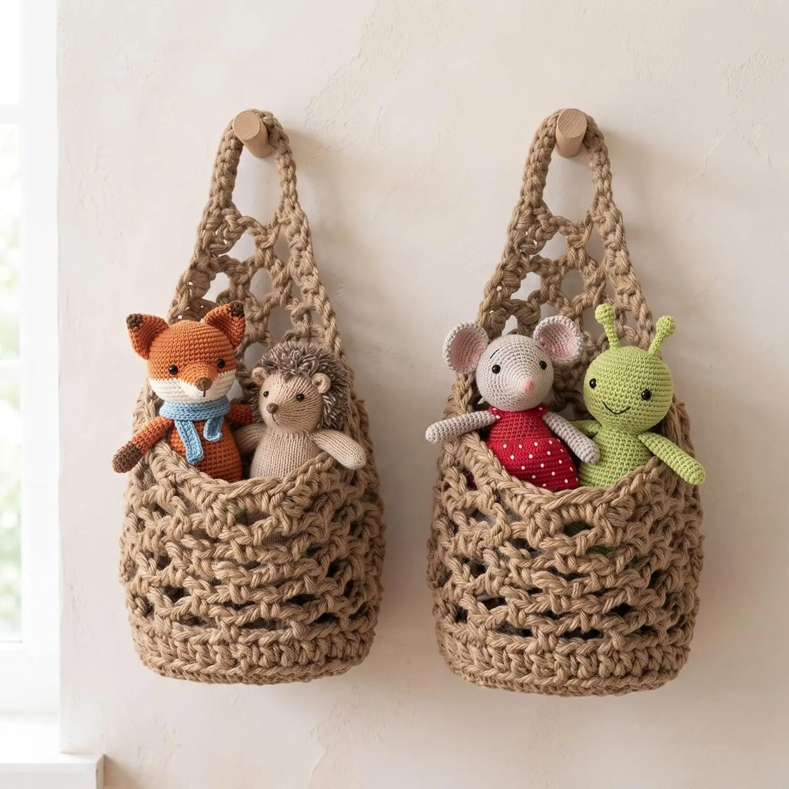 Set of 2 Handwoven Macrame Wall Hanging Plant Holder Set, Boho Cotton Rope Baskets, Fits 4-6 Inch Pot, Indoor Home Decor, Natural Cream and Brown