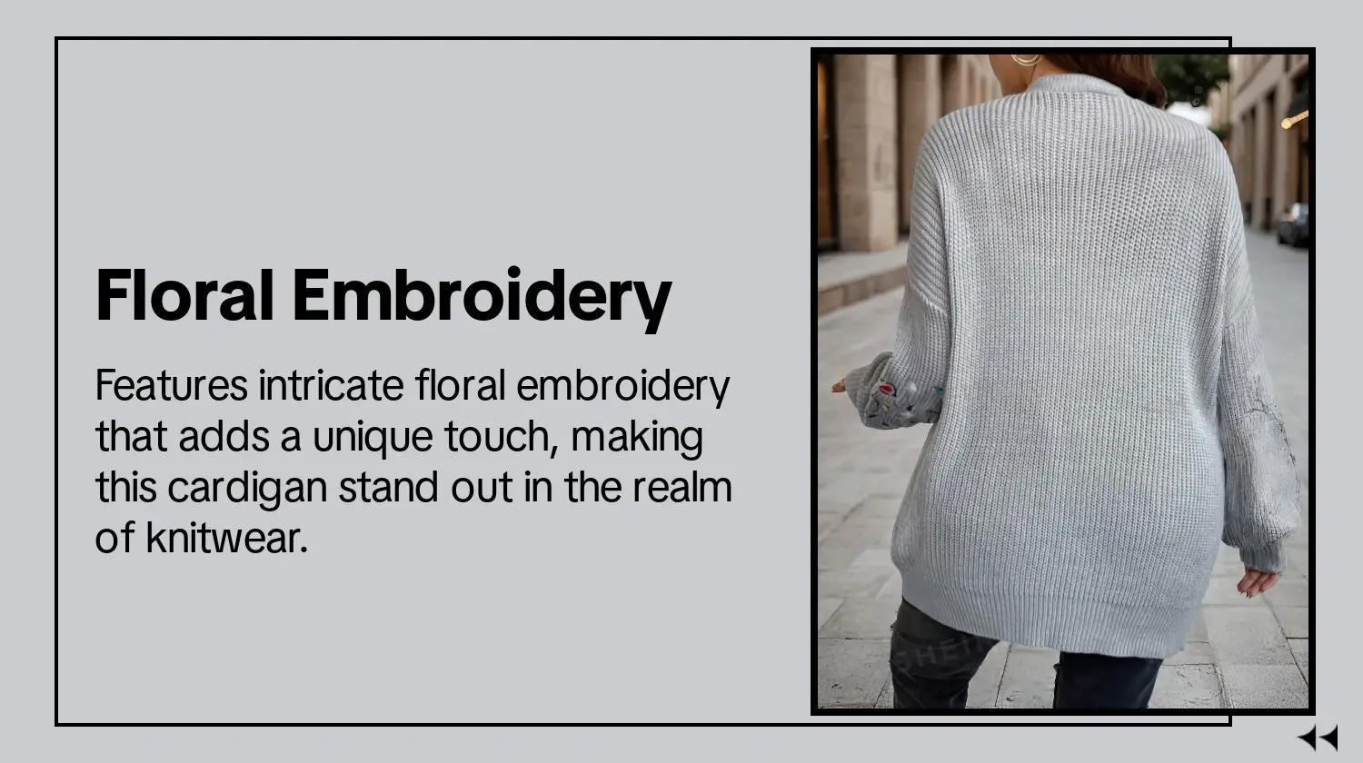 Plus Size Floral Embroidery Drop Shoulder Long Sleeve Vneck Cardigan, Casual Open Front Cardigan Tops for Fall & Winter, Women's Knitwear for Daily Wear, Longsleeves Womenswear  Sweater, Lightweight Knit Sweater