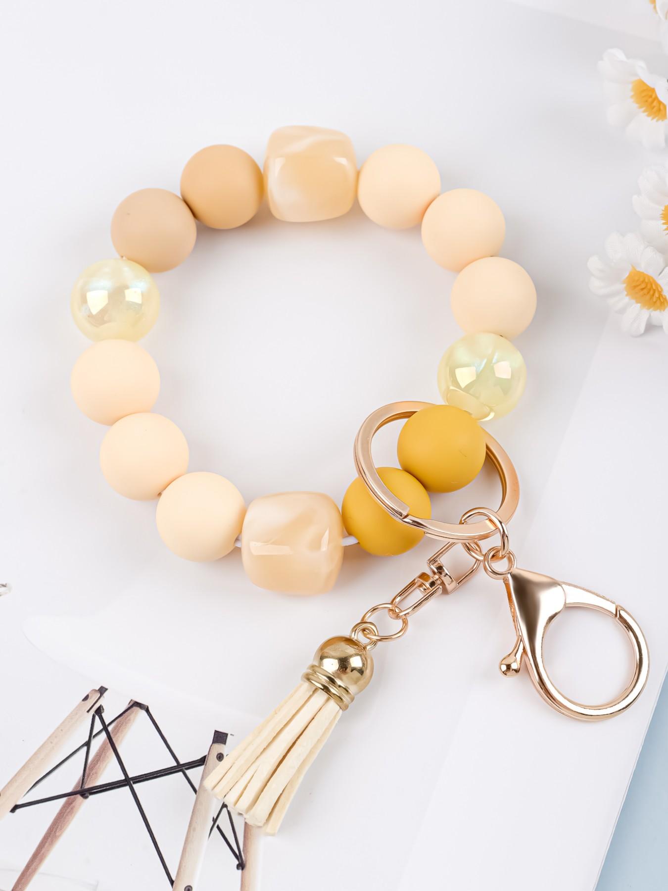 Solid Color Beaded Wristlet Keychain for Women, Matte Silicone Acrylic Beads, Tassel Charm, Minimalist Key Holder, Fashion Gift