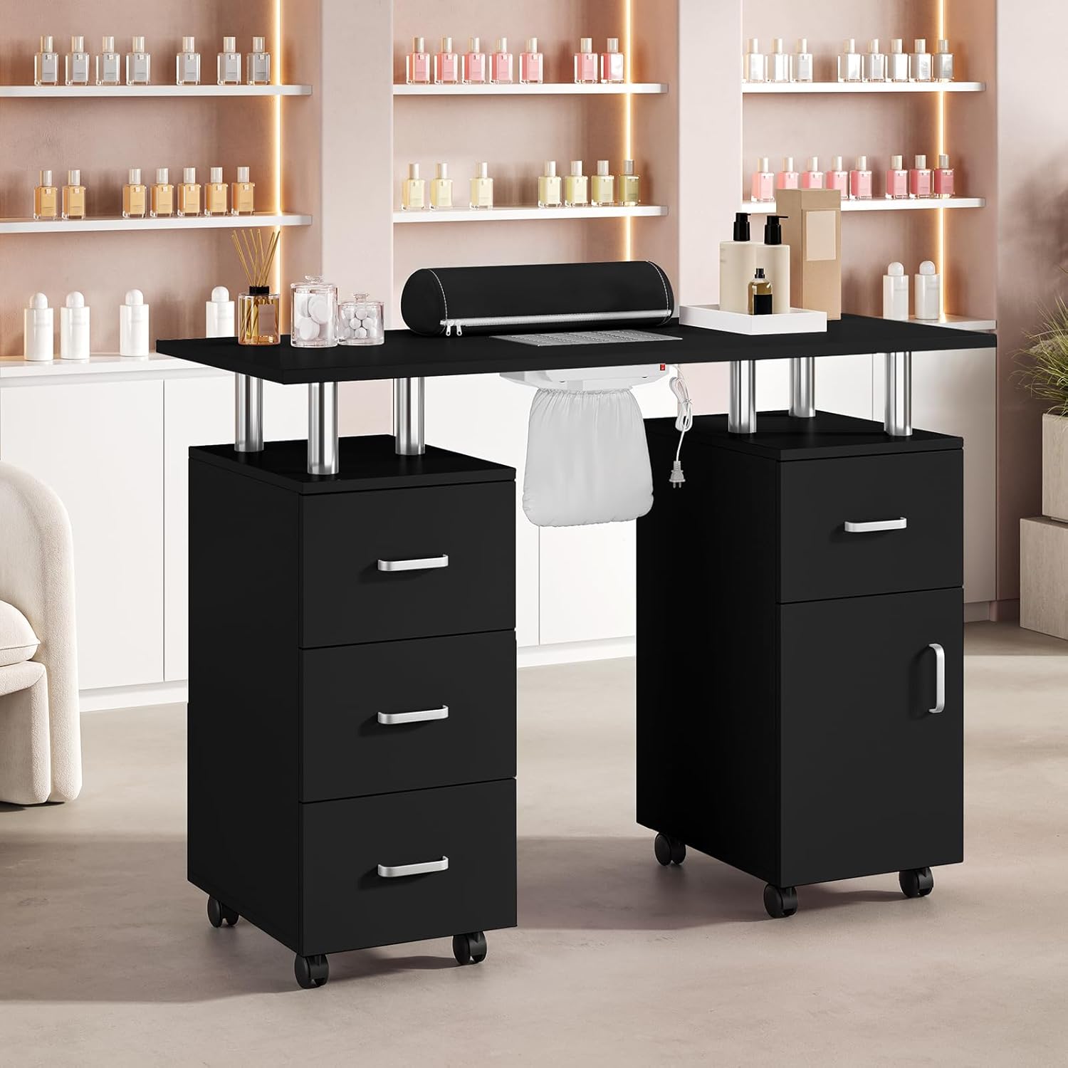 Professional Nail Desk with Electric Dust Collector, Nail Tech Table for Salon & Home Use, 4 Drawers Storage Cabinet, Lockable Wheels & Arm Rest Professional Nail Desk with Electric Dust Collector, Nail Tech Table for Salon & Home Use, 4 Drawers Storage Cabinet, Lockable Wheels & Arm Rest