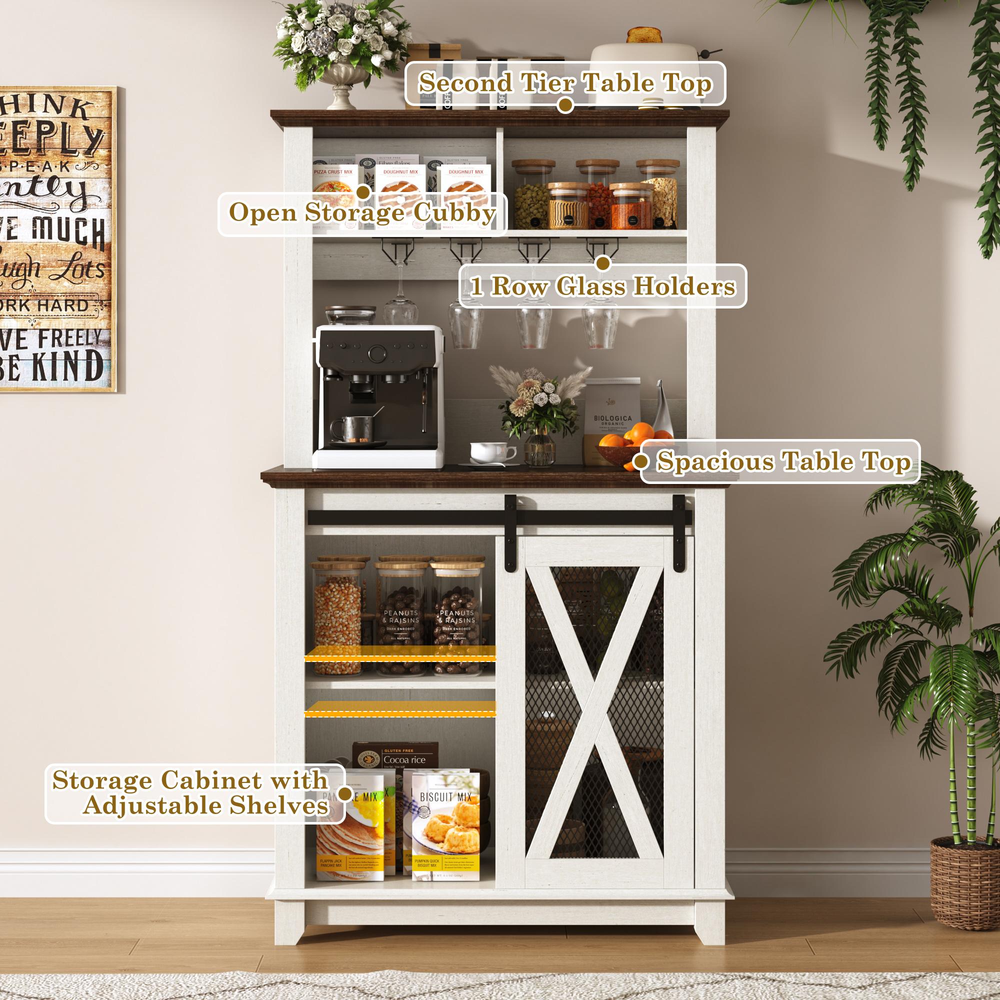 63"W/47"W/31.5"W Farmhouse Coffee Bar Cabinet with LED Light,Wine Bar Cabinet w/ Tier Storage Hutch,Kitchen Buffet Cabinet w/Sliding Barn Door & Wine and Glass Racks for Kitchen Dining Room(Brown/Antique White/Dark Rustic Oak)