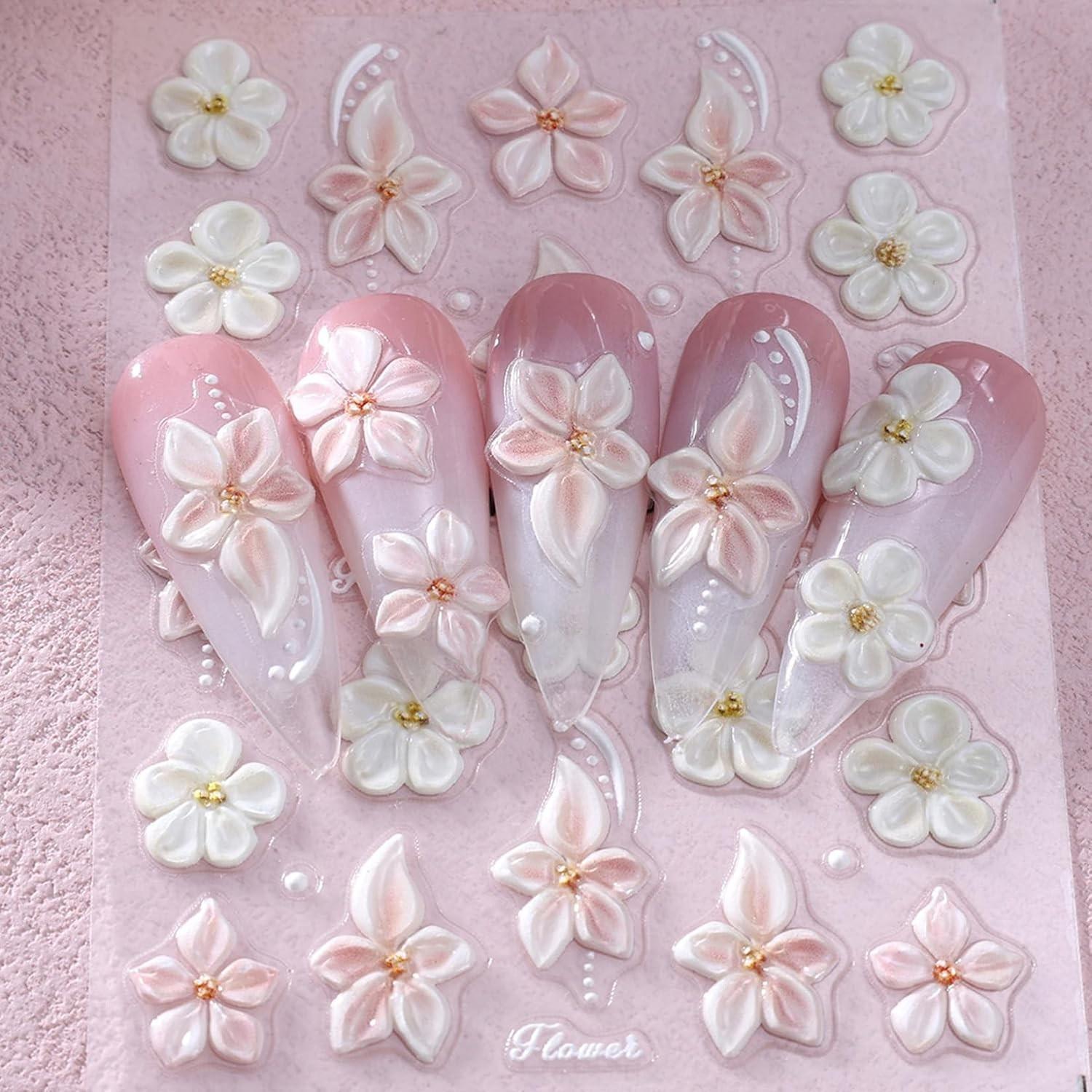 6PCS 5D Flowers Embossed Hibiscus Nail Stickers, Self Adhesive Summer Spring Flower Nail Art Decoration for Women, White Pink Hawaiian Floral Petals Nail Art Decoration