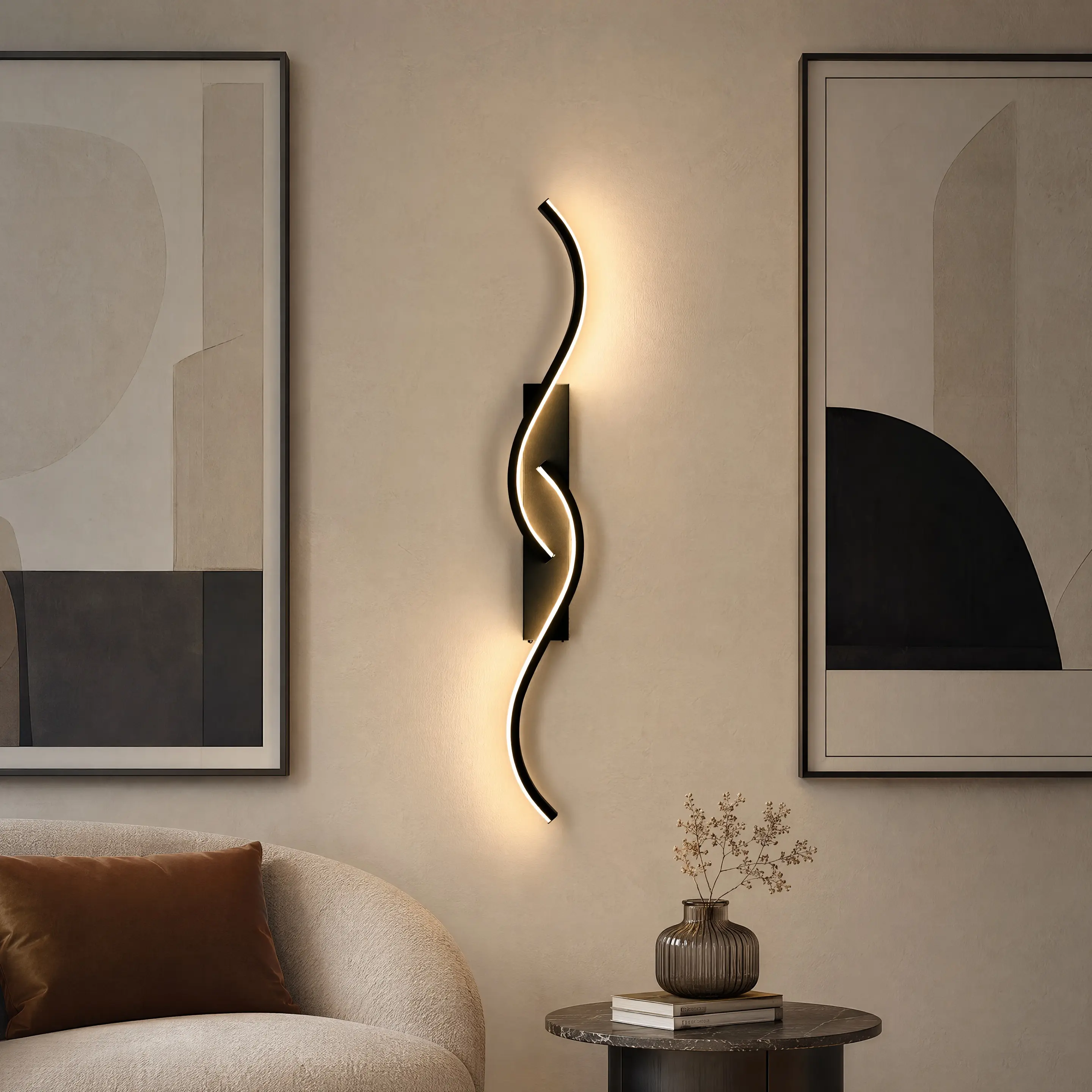 Rechargeable LED wall sconce, wire-free sculptural curve wall lamp with remote control, modern minimalist decorative wall light for bedroom, living room, hallway