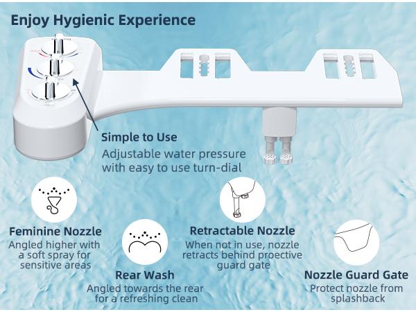 Hibbent Hot and Cold Water Spray Non-Electric Mechanical Bidet Toilet Attachment, Toilet Seat Bidet with Self Cleaning Dual Nozzle for Rear or Female Washing Sanitizing Hibbent Hot and Cold Water Spray Non-Electric Mechanical Bidet Toilet Attachment, Toilet Seat Bidet with Self Cleaning Dual Nozzle for Rear or Female Washing Sanitizing