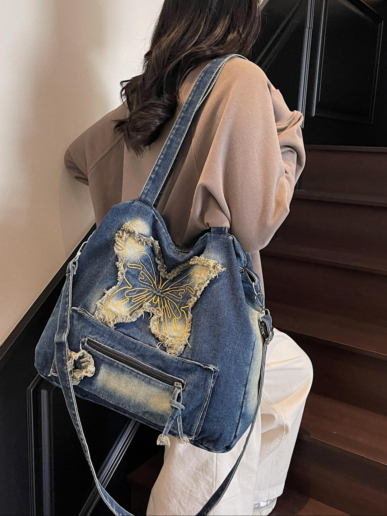 Women's Butterfly Embroidery Denim Tote Bag, Fashionable Large Capacity Shoulder Bag for Daily Used, Casual Trendy Versatile High-quality Daily Commuting Bag