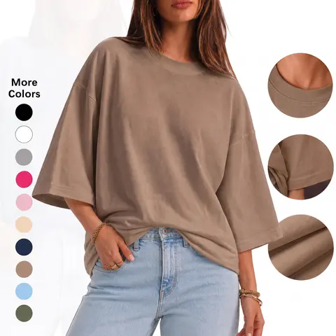 Flowyair Women's Crewneck Casual Cotton Top - 3/4 Sleeve, Oversized Baggy Boxy Fit, Minimalist Everyday Casual Tops for Summer