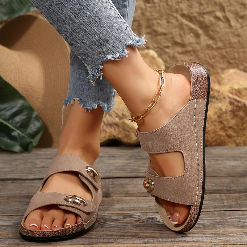 Womens Flat Slide Sandals with 2 Strap Adjustable Buckle Slip on Slides Shoes Non Slip Cork Footbed Sole