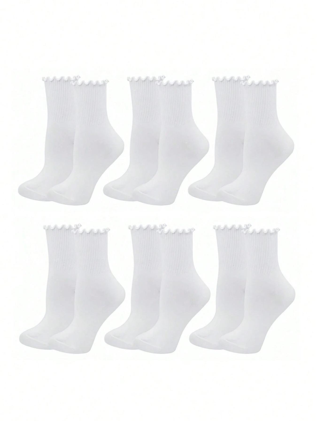10 Pairs Women's White Frill Trimmed Casual Mid-Calf Socks, Women's Casual Crew Socks, Comfort Breathable Sports Socks, Basketball Socks, White Socks, Couples' Socks, Womenswear, Moisture Wicking, Anti Bacterial, Anti Stink, Suitab