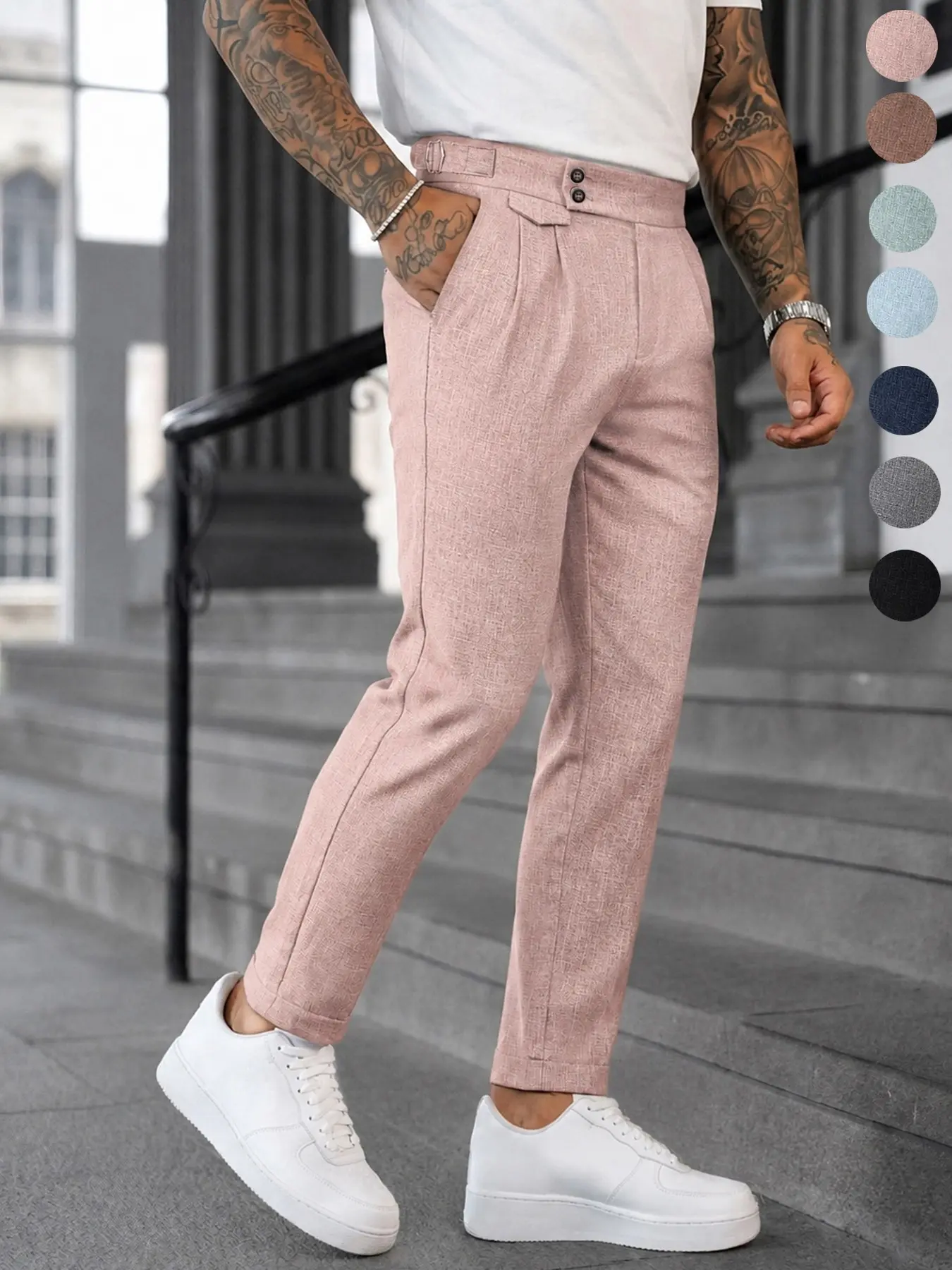 Spring Summer Men's Italian Nine-Inch Plain Pants, Casual Stretch Waist, Lightweight Breathable Wrinkle-Resistant Fabric, Casual Office Wear, Urban Outfitting