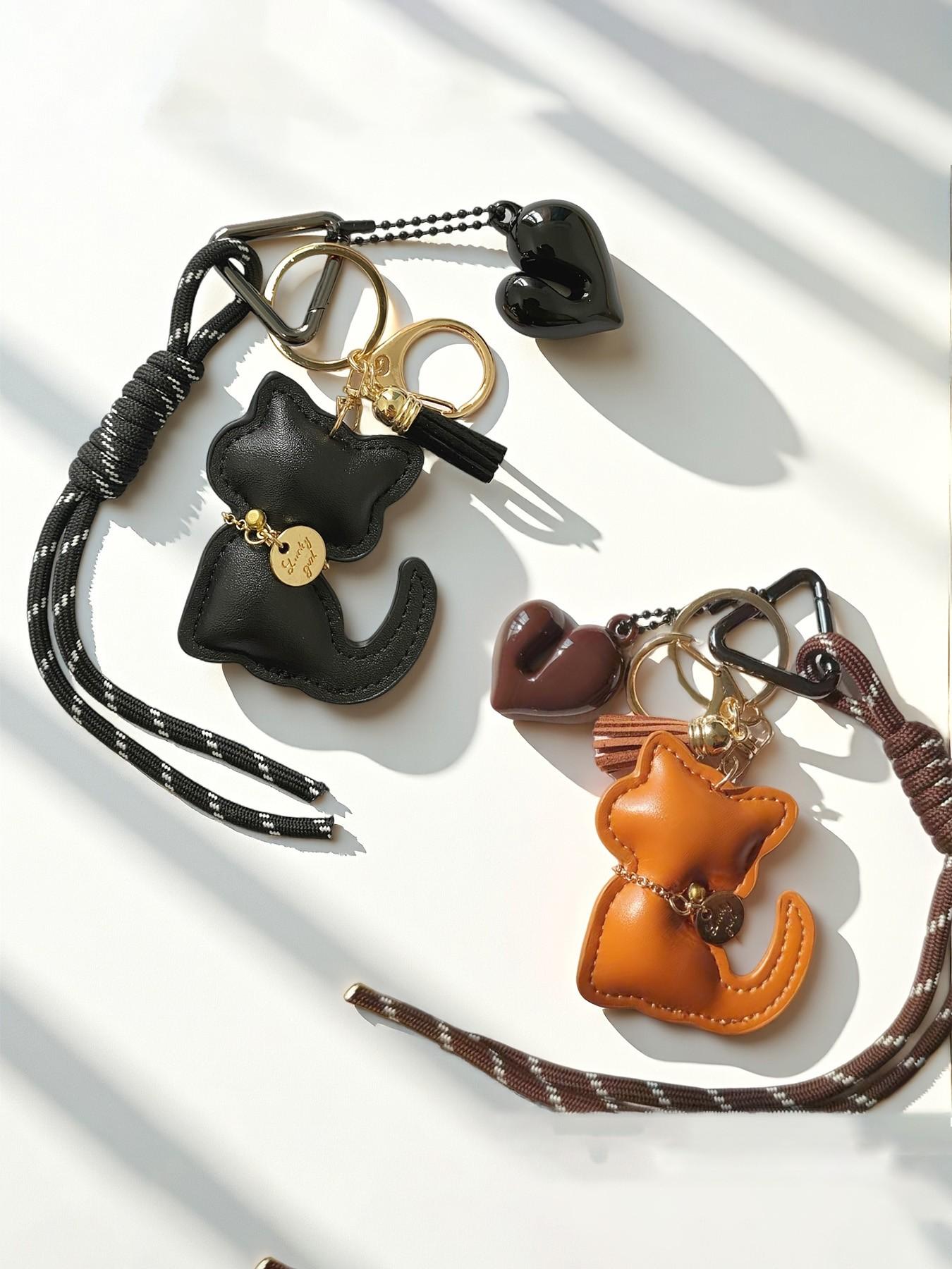 PU Leather Heart Cat Bag Charm, Triangular Spring Clip Design, Creative Keychain for Women, Handbag Backpack Accessory, Car Key Decor