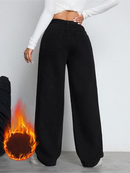 Women's Fleece Lined Thickened Fall Winter Wide Leg Jeans, Elegant Woven Fabric, Fashionable & Versatile, Straight Fit Denim Jeans, Bottom