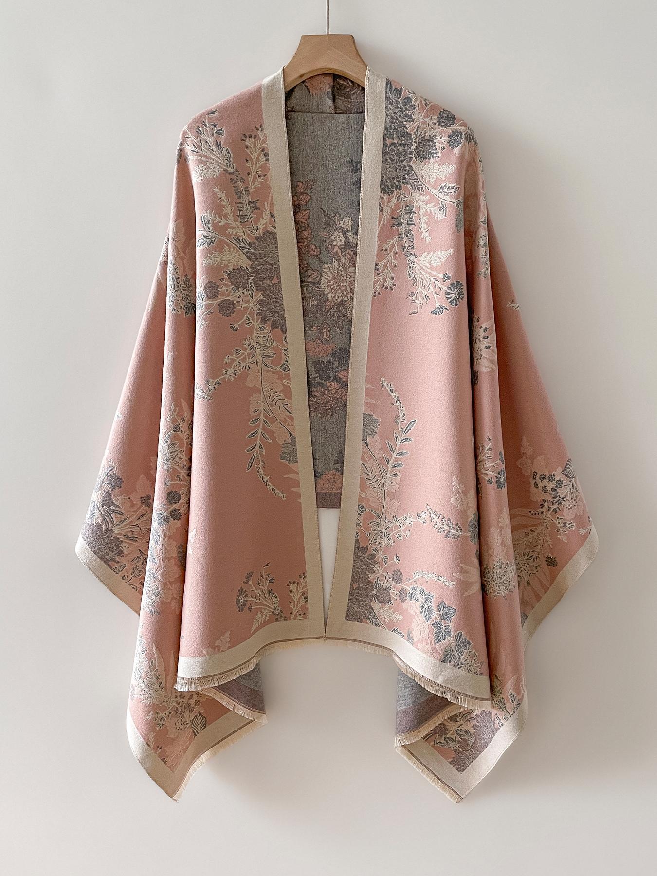Women's Floral Print Shawl, Soft Warm Woven Fabric, Soft Texture, Casual Fitted Design, Perfect for Fall & Winter, Modern Fashion Accessory