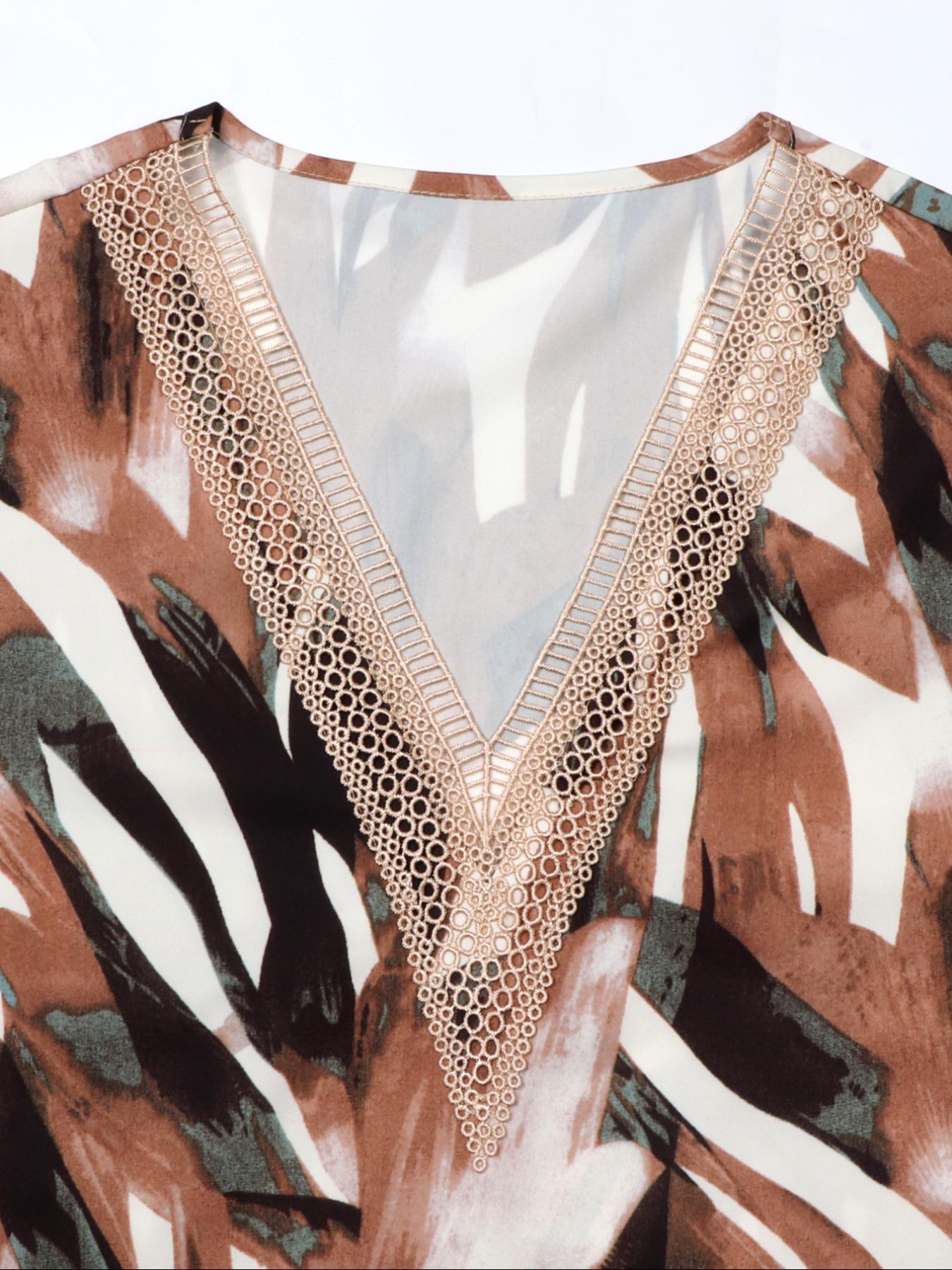 New V-Neck Geometric Pattern Straight Leg Wide-Leg Pants Set, Casual Comfortable Fitted Vacation Outfit, Women's Fashion Clothing