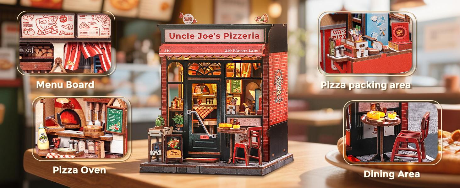 CUTEBEE DIY 3D Book Nook Kit Uncle Joe’s Pizzeria – Miniature Wooden Streetscape Pizza Shop with LED Light, Handmade 3D Dollhouse Decor | Holiday, Christmas and Black Friday Gift