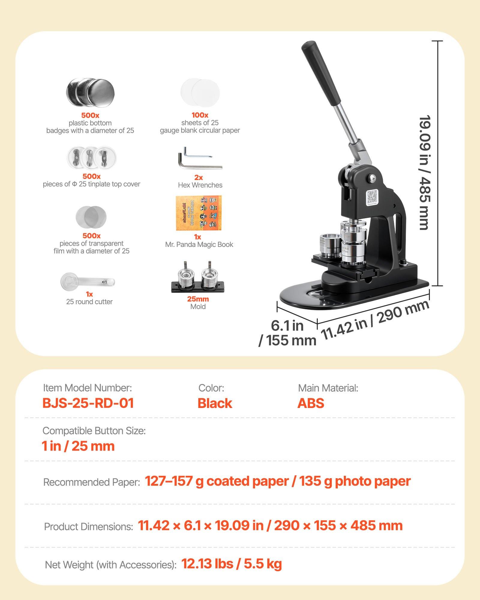 【Father's Day gift】VEVOR Button Maker Machine, 1 in, Pin Maker Machine with 500pcs Button Parts, Circle Cutter, Hex Wrenches and Magic Book, Ergonomic Handle, for DIY Badges, Personalized Pins and Key Chains, Black 【Father's Day gift】VEVOR Button Maker Machine, 1 in, Pin Maker Machine with 500pcs Button Parts, Circle Cutter, Hex Wrenches and Magic Book, Ergonomic Handle, for DIY Badges, Personalized Pins and Key Chains, Black