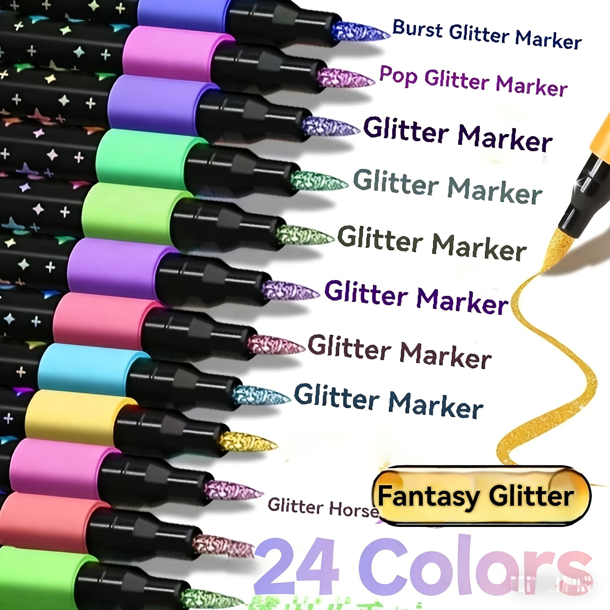 24-Color Double-Head Glitter Pen with Quick-Drying Adhesive Ink-Thin Nib, Random Color, Tip to Barrel, Suitable for Scrapbooking, Card Making, Diary, 24-Color Double-Head Painting Pen-Glitter Marker Set, Suitable for S, Artists And Supplies