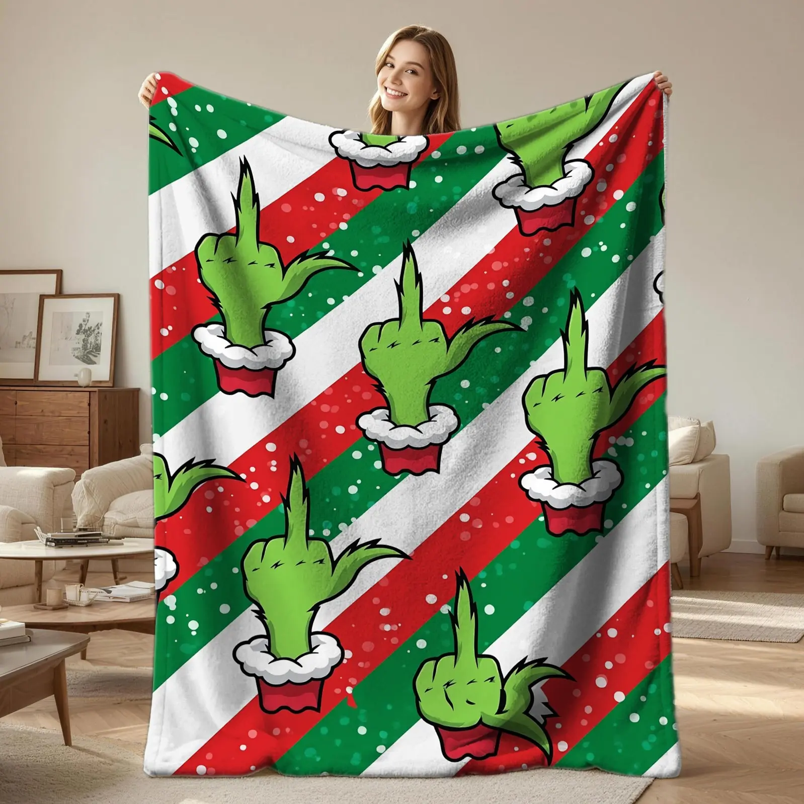 1Pc Funny Grinch Christmas Printed Throw Blanket, Soft Flannel Blanket, Cozy Warm Blanket for Winter, Ideal Gift Blanket, Creates Playful Holiday Atmosphere, Perfect for Sofa, Bed, Camping & Christmas Party, Vivid Digital Print Lightweight Blanket