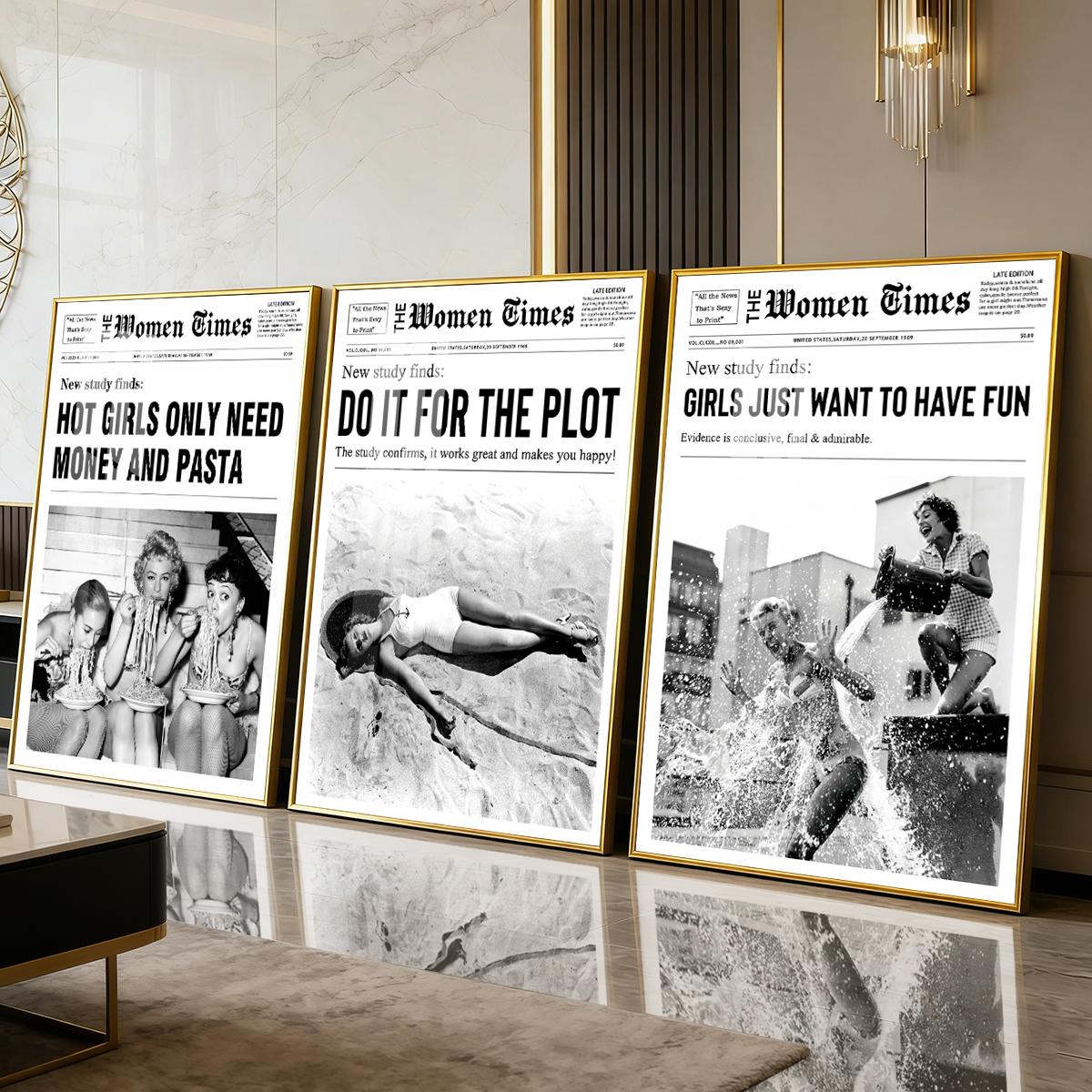 3 Counts Aluminum Alloy Framed Painting, Vintage Women Newspaper Poster Set, Home Decoration For Living Room, Bedroom, Office, Restaurant, Hallway Wall Decor, Odorless Print Artwork, Luxury Perfect Gift For Friends And Family