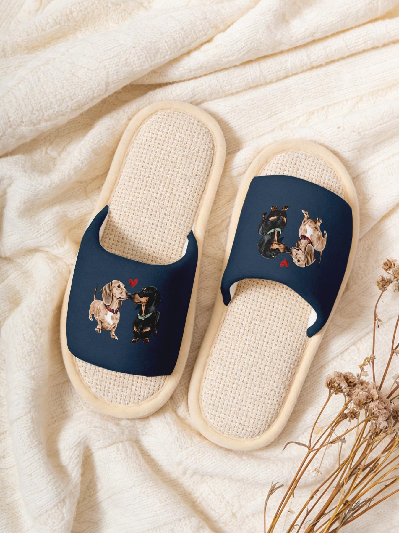 Cute Dachshund Couple Linen Slippers, Breathable Non-slip Casual Lightweight All Season House Shoes for Dog Lovers Women Men Family Daily Wear