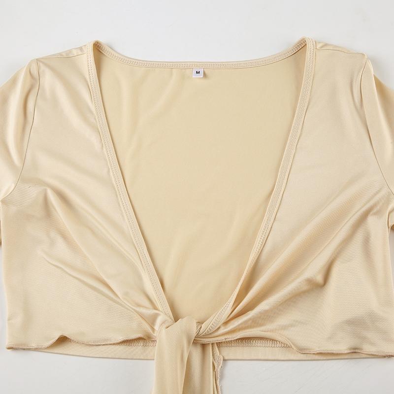 Women's Solid Color Crop Tee, Casual V Neck Long Sleeve T-shirt for Summer, Women's Clothing for Daily Wear