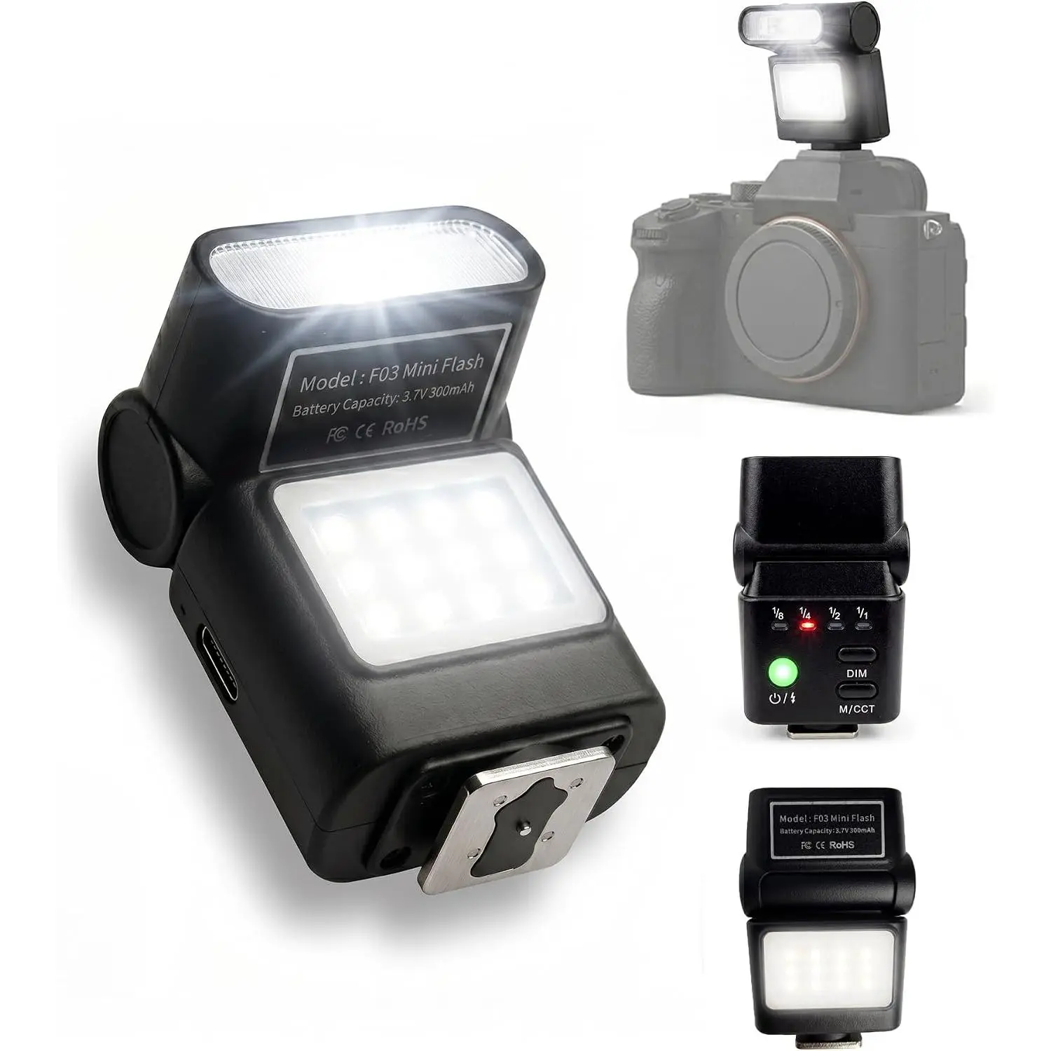 Flash Speedlite with Video Light, GN8 -Camera Flash, 4 Power Levels, 90 Angle Adjustable, Single-Contact Hot Shoe Flash for ////Pentax DSLR Mirrorless