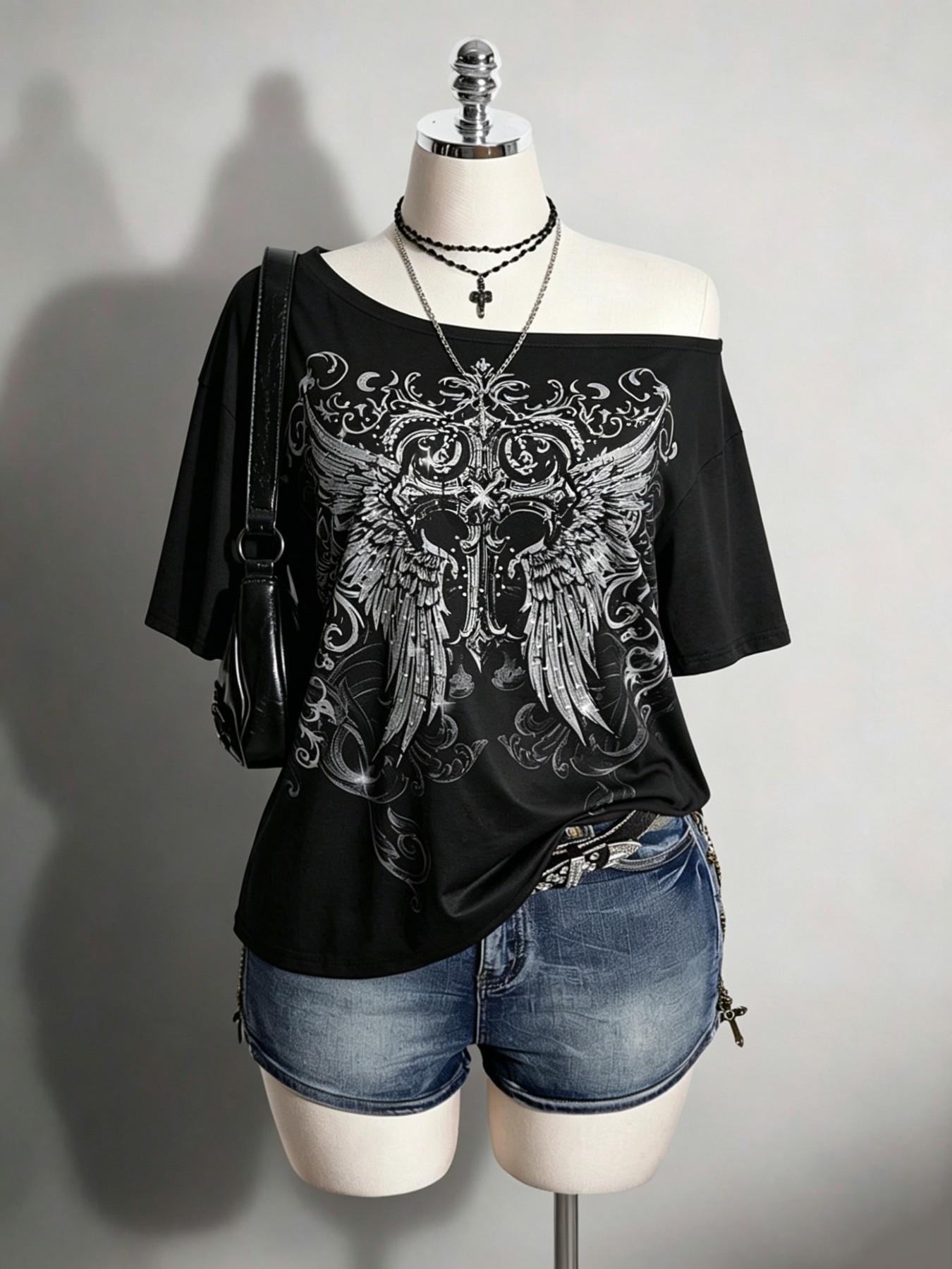 Women's Off-Shoulder Gothic Skull Print T-Shirt – Loose Short-Sleeve Top; Suitable for Streetwear, Punk, Casual, and Y2K Night-Out Looks