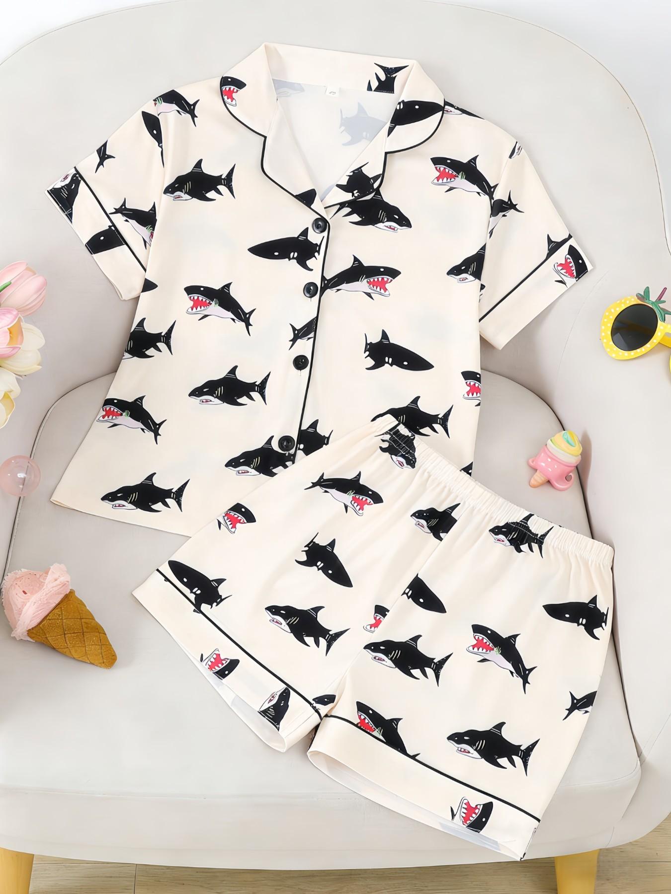 Kids Pajama Set, Cute Cartoon Shark Print, Short Sleeve Loose Fit, Fire-Resistant Knit Fabric, Spring Summer All Seasons